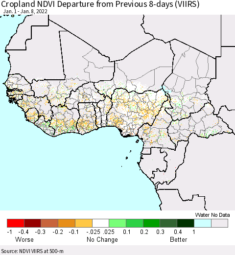 Western Africa Cropland NDVI Departure from Previous 8-days (VIIRS) Thematic Map For 1/1/2022 - 1/8/2022