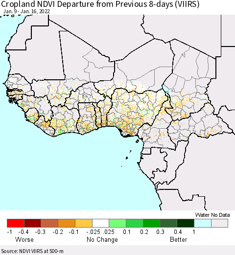 Western Africa Cropland NDVI Departure from Previous 8-days (VIIRS) Thematic Map For 1/9/2022 - 1/16/2022