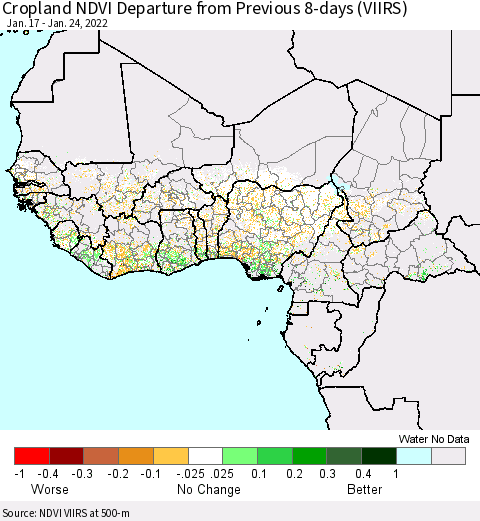 Western Africa Cropland NDVI Departure from Previous 8-days (VIIRS) Thematic Map For 1/17/2022 - 1/24/2022