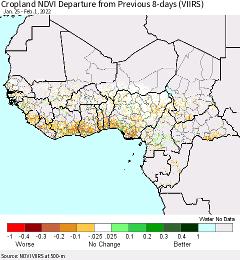 Western Africa Cropland NDVI Departure from Previous 8-days (VIIRS) Thematic Map For 1/25/2022 - 2/1/2022