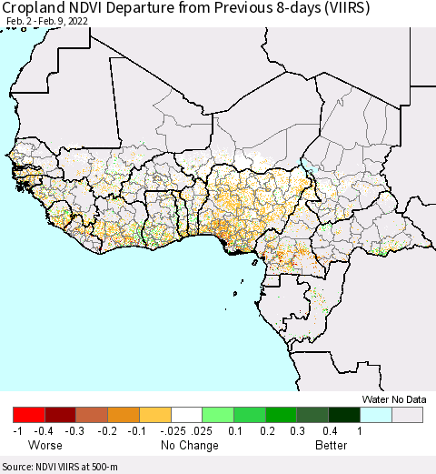 Western Africa Cropland NDVI Departure from Previous 8-days (VIIRS) Thematic Map For 2/2/2022 - 2/9/2022