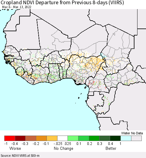 Western Africa Cropland NDVI Departure from Previous 8-days (VIIRS) Thematic Map For 3/6/2022 - 3/13/2022