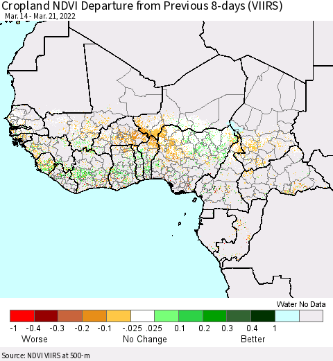 Western Africa Cropland NDVI Departure from Previous 8-days (VIIRS) Thematic Map For 3/14/2022 - 3/21/2022