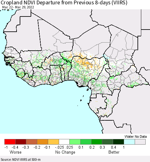 Western Africa Cropland NDVI Departure from Previous 8-days (VIIRS) Thematic Map For 3/22/2022 - 3/29/2022