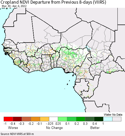 Western Africa Cropland NDVI Departure from Previous 8-days (VIIRS) Thematic Map For 3/30/2022 - 4/6/2022