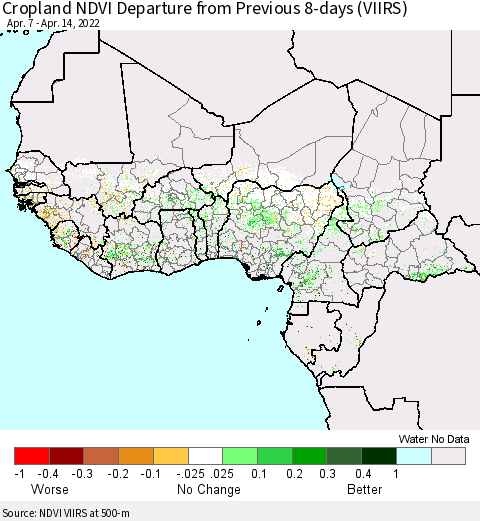 Western Africa Cropland NDVI Departure from Previous 8-days (VIIRS) Thematic Map For 4/7/2022 - 4/14/2022