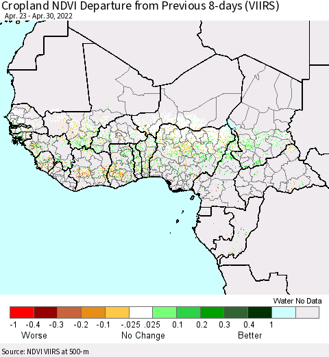 Western Africa Cropland NDVI Departure from Previous 8-days (VIIRS) Thematic Map For 4/23/2022 - 4/30/2022