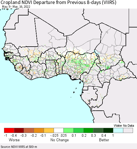 Western Africa Cropland NDVI Departure from Previous 8-days (VIIRS) Thematic Map For 5/9/2022 - 5/16/2022
