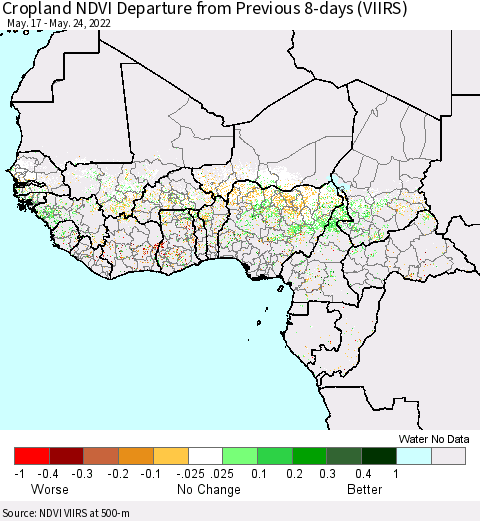 Western Africa Cropland NDVI Departure from Previous 8-days (VIIRS) Thematic Map For 5/17/2022 - 5/24/2022