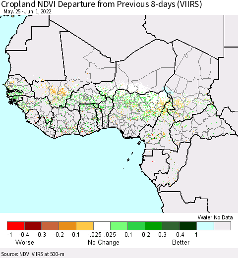 Western Africa Cropland NDVI Departure from Previous 8-days (VIIRS) Thematic Map For 5/25/2022 - 6/1/2022