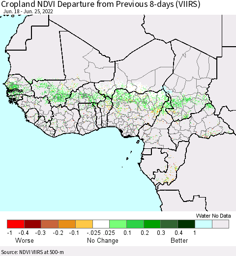 Western Africa Cropland NDVI Departure from Previous 8-days (VIIRS) Thematic Map For 6/18/2022 - 6/25/2022