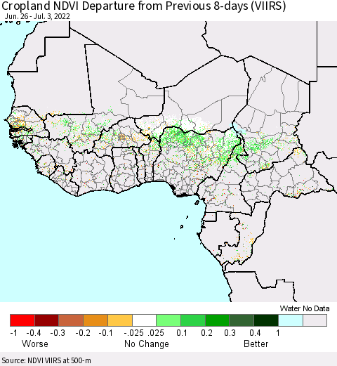 Western Africa Cropland NDVI Departure from Previous 8-days (VIIRS) Thematic Map For 6/26/2022 - 7/3/2022
