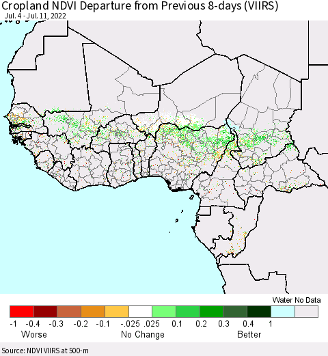 Western Africa Cropland NDVI Departure from Previous 8-days (VIIRS) Thematic Map For 7/4/2022 - 7/11/2022