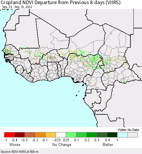 Western Africa Cropland NDVI Departure from Previous 8-days (VIIRS) Thematic Map For 9/14/2022 - 9/21/2022