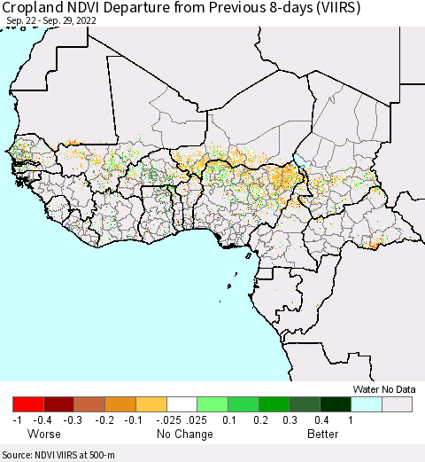 Western Africa Cropland NDVI Departure from Previous 8-days (VIIRS) Thematic Map For 9/22/2022 - 9/29/2022