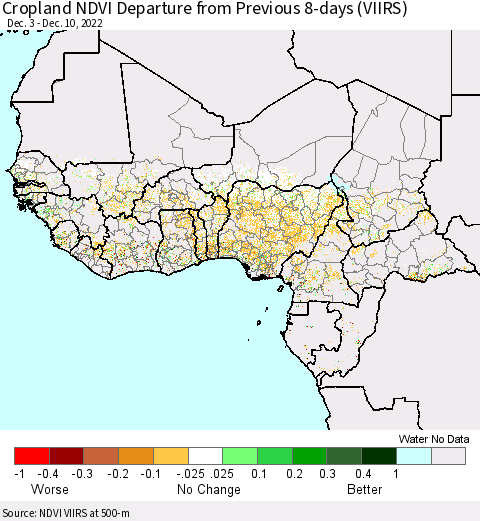Western Africa Cropland NDVI Departure from Previous 8-days (VIIRS) Thematic Map For 12/3/2022 - 12/10/2022