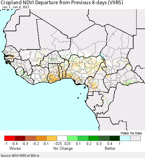 Western Africa Cropland NDVI Departure from Previous 8-days (VIIRS) Thematic Map For 1/1/2023 - 1/8/2023