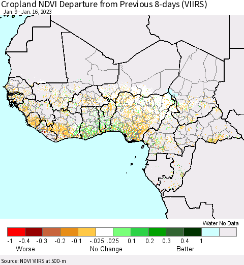Western Africa Cropland NDVI Departure from Previous 8-days (VIIRS) Thematic Map For 1/9/2023 - 1/16/2023