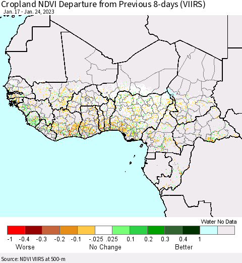 Western Africa Cropland NDVI Departure from Previous 8-days (VIIRS) Thematic Map For 1/17/2023 - 1/24/2023