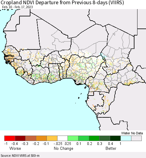 Western Africa Cropland NDVI Departure from Previous 8-days (VIIRS) Thematic Map For 2/10/2023 - 2/17/2023