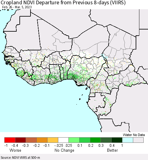 Western Africa Cropland NDVI Departure from Previous 8-days (VIIRS) Thematic Map For 2/26/2023 - 3/5/2023