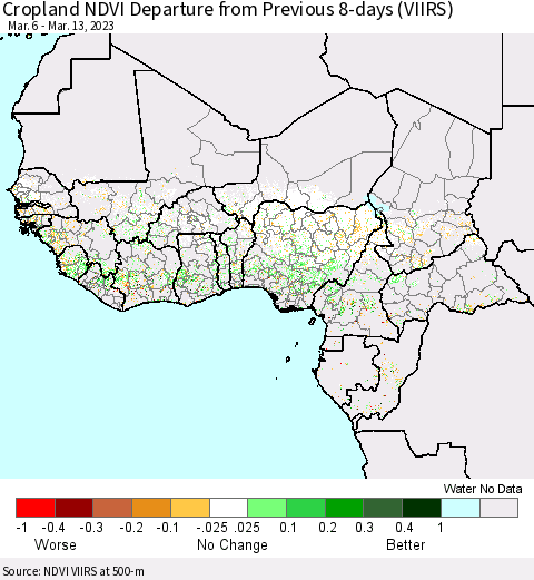 Western Africa Cropland NDVI Departure from Previous 8-days (VIIRS) Thematic Map For 3/6/2023 - 3/13/2023