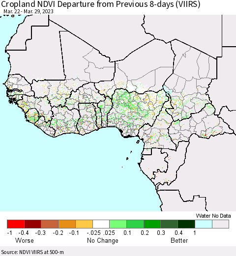 Western Africa Cropland NDVI Departure from Previous 8-days (VIIRS) Thematic Map For 3/22/2023 - 3/29/2023