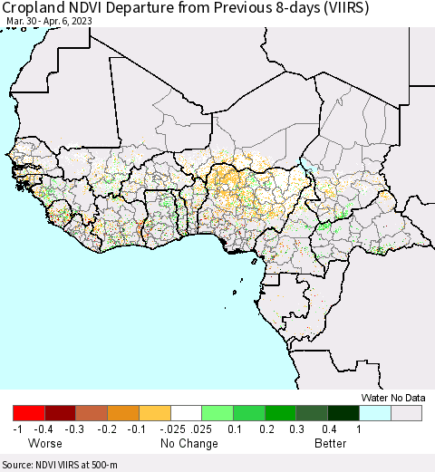 Western Africa Cropland NDVI Departure from Previous 8-days (VIIRS) Thematic Map For 3/30/2023 - 4/6/2023