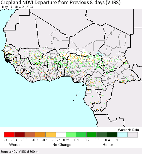 Western Africa Cropland NDVI Departure from Previous 8-days (VIIRS) Thematic Map For 5/17/2023 - 5/24/2023