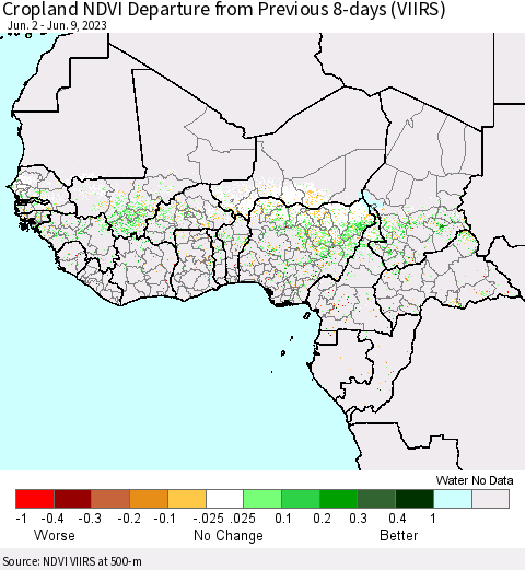 Western Africa Cropland NDVI Departure from Previous 8-days (VIIRS) Thematic Map For 6/2/2023 - 6/9/2023
