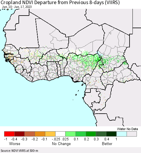 Western Africa Cropland NDVI Departure from Previous 8-days (VIIRS) Thematic Map For 6/10/2023 - 6/17/2023