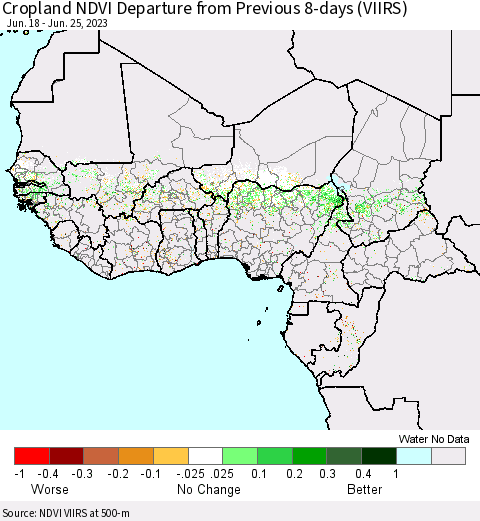 Western Africa Cropland NDVI Departure from Previous 8-days (VIIRS) Thematic Map For 6/18/2023 - 6/25/2023
