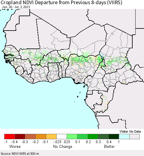 Western Africa Cropland NDVI Departure from Previous 8-days (VIIRS) Thematic Map For 6/26/2023 - 7/3/2023