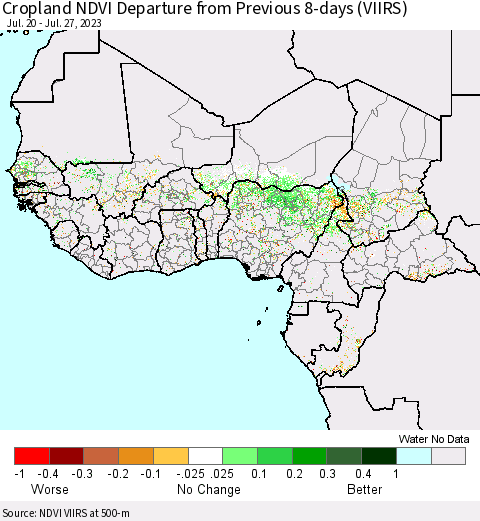 Western Africa Cropland NDVI Departure from Previous 8-days (VIIRS) Thematic Map For 7/20/2023 - 7/27/2023