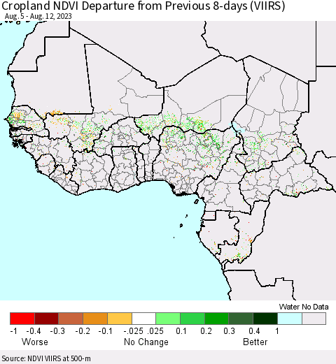 Western Africa Cropland NDVI Departure from Previous 8-days (VIIRS) Thematic Map For 8/5/2023 - 8/12/2023