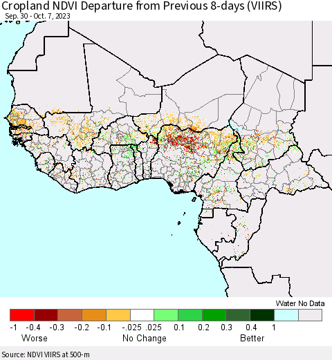 Western Africa Cropland NDVI Departure from Previous 8-days (VIIRS) Thematic Map For 9/30/2023 - 10/7/2023
