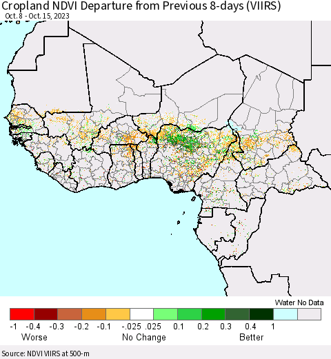 Western Africa Cropland NDVI Departure from Previous 8-days (VIIRS) Thematic Map For 10/8/2023 - 10/15/2023