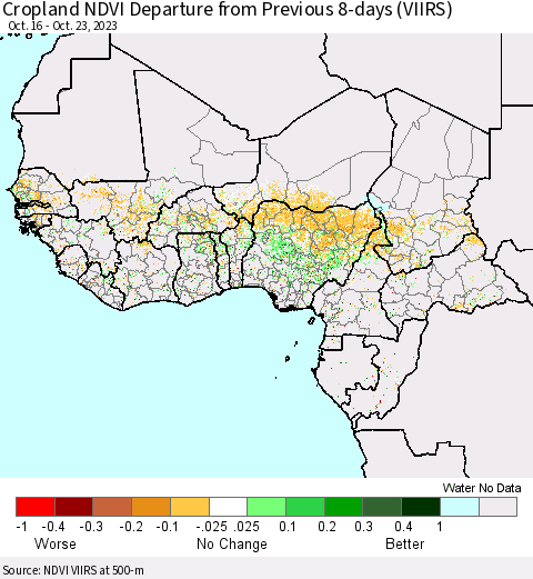 Western Africa Cropland NDVI Departure from Previous 8-days (VIIRS) Thematic Map For 10/16/2023 - 10/23/2023