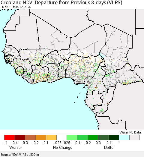 Western Africa Cropland NDVI Departure from Previous 8-days (VIIRS) Thematic Map For 3/5/2024 - 3/12/2024