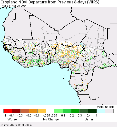 Western Africa Cropland NDVI Departure from Previous 8-days (VIIRS) Thematic Map For 3/13/2024 - 3/20/2024