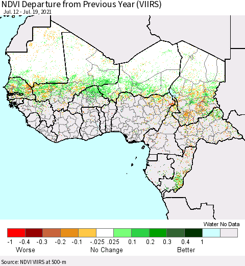 Western Africa NDVI Departure from Previous Year (VIIRS) Thematic Map For 7/12/2021 - 7/19/2021