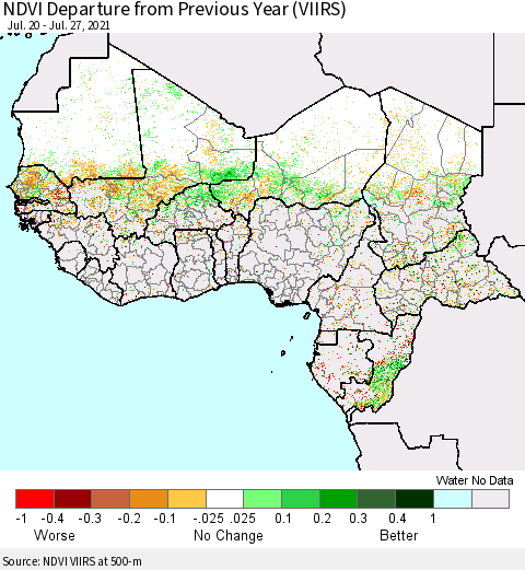 Western Africa NDVI Departure from Previous Year (VIIRS) Thematic Map For 7/20/2021 - 7/27/2021