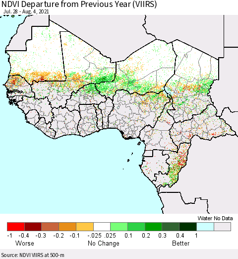 Western Africa NDVI Departure from Previous Year (VIIRS) Thematic Map For 7/28/2021 - 8/4/2021
