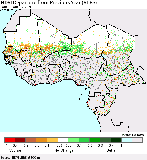 Western Africa NDVI Departure from Previous Year (VIIRS) Thematic Map For 8/5/2021 - 8/12/2021