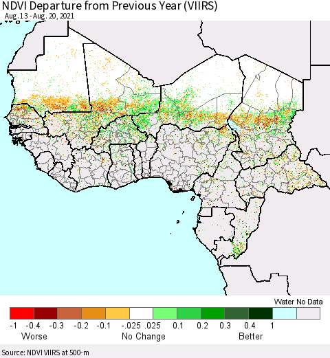 Western Africa NDVI Departure from Previous Year (VIIRS) Thematic Map For 8/13/2021 - 8/20/2021