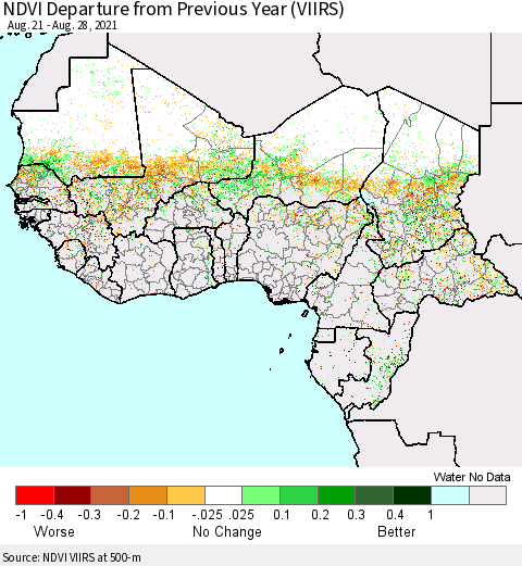 Western Africa NDVI Departure from Previous Year (VIIRS) Thematic Map For 8/21/2021 - 8/28/2021