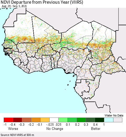 Western Africa NDVI Departure from Previous Year (VIIRS) Thematic Map For 8/29/2021 - 9/5/2021