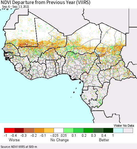 Western Africa NDVI Departure from Previous Year (VIIRS) Thematic Map For 9/6/2021 - 9/13/2021