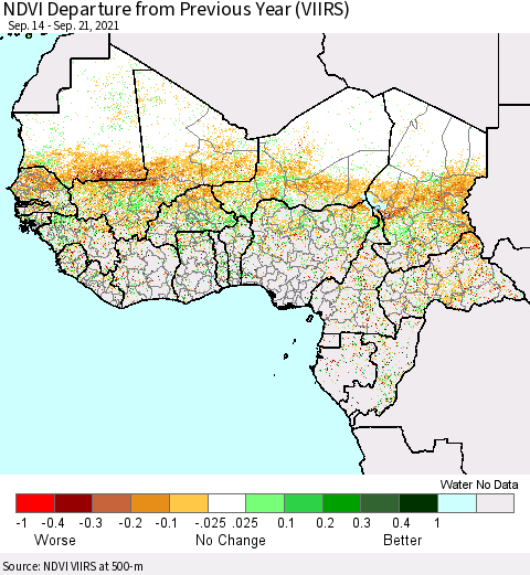 Western Africa NDVI Departure from Previous Year (VIIRS) Thematic Map For 9/14/2021 - 9/21/2021