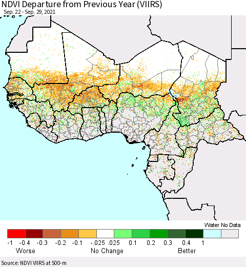 Western Africa NDVI Departure from Previous Year (VIIRS) Thematic Map For 9/22/2021 - 9/29/2021